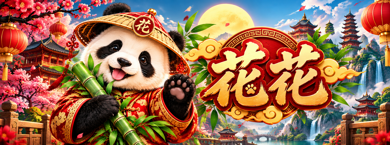 花花 HUAHUA banner — panda holding bamboo with golden 花花 lettering